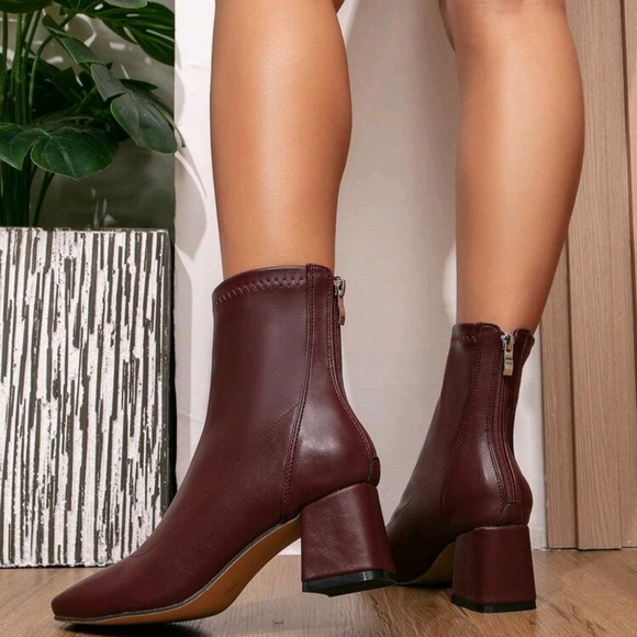 Women's High Heel Square Toe Mid-Calf Boots, French Short Ankle Chelsea Boots - Picture 4 of 6